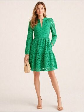 J. Crew Bright Green Eyelet V-Neck Tiered Long-Sleeve Dress